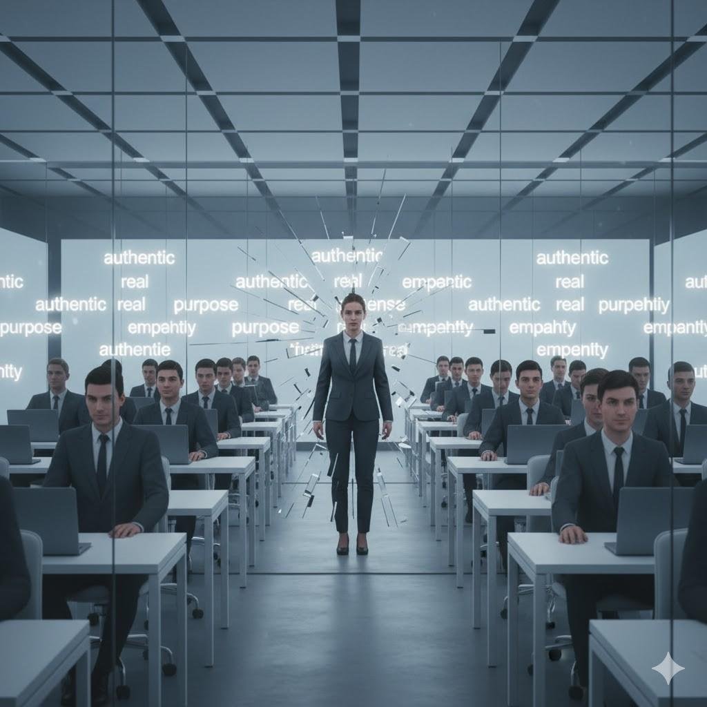 A professional woman standing out among identical office workers, breaking through repeated words like authentic and purpose to represent a branding identity crisis.