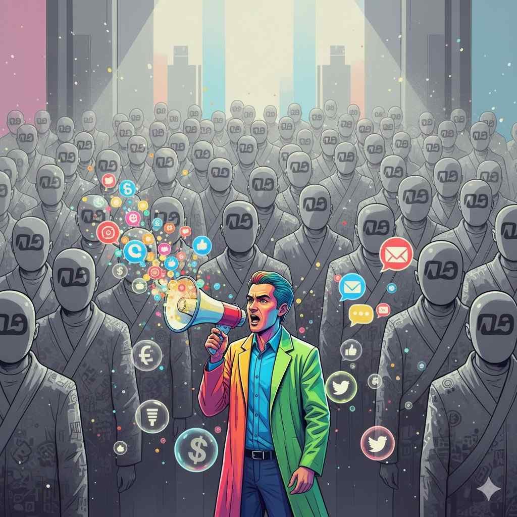 A colorful individual using a megaphone stands out among identical grey figures, symbolizing branding identity and the challenge of sounding different in digital marketing.
