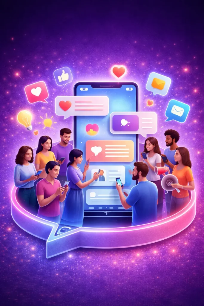 Group of diverse people engaging with a large smartphone displaying social media interactions, surrounded by floating icons like hearts, likes, messages, and emails, representing digital communication and relationship-driven content.