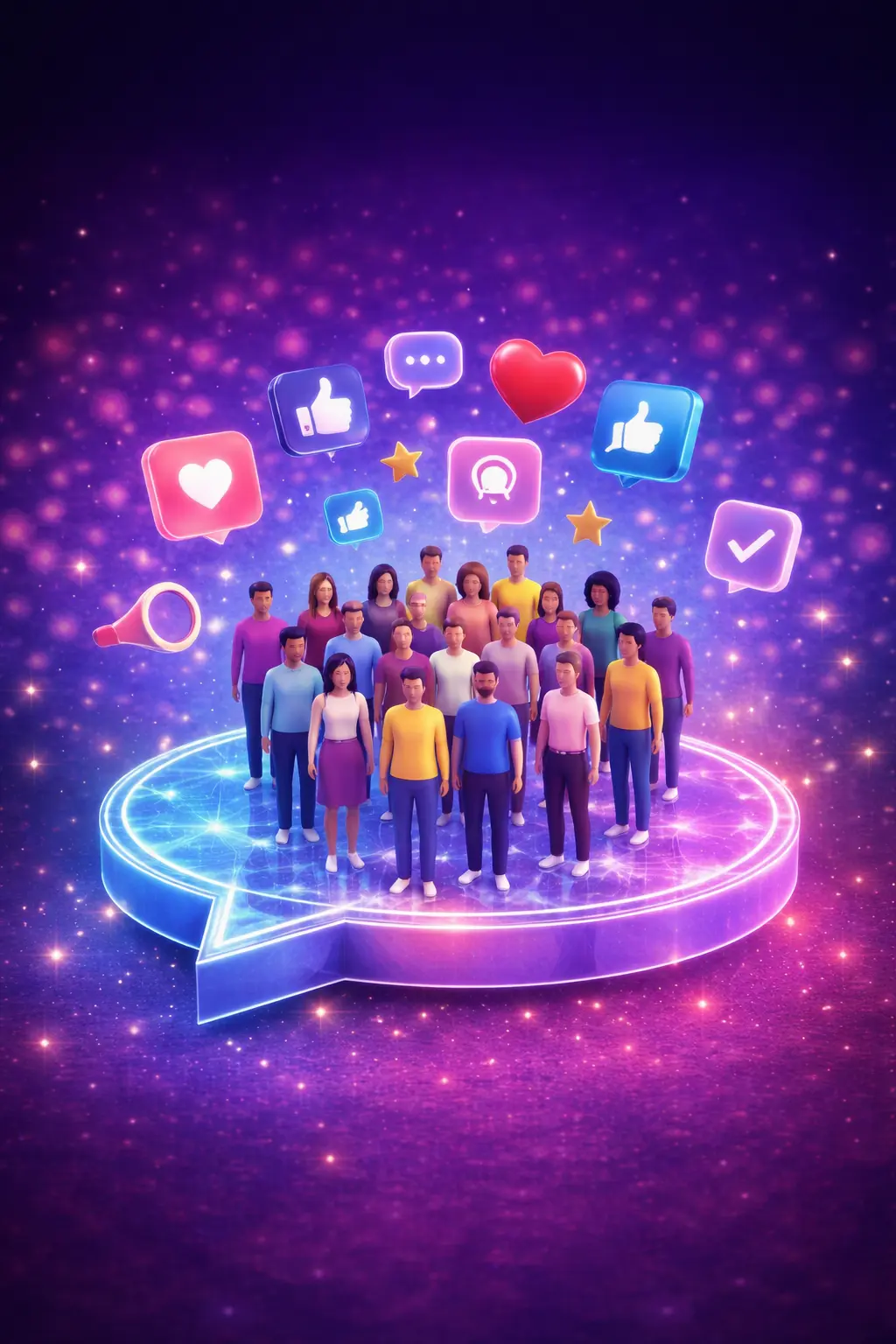 Diverse group of people standing on a glowing speech bubble platform surrounded by floating social media icons like likes, hearts, and chat bubbles, representing community engagement and digital connection.