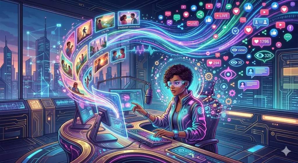 A vibrant digital illustration depicting a professional content creator utilizing a dual-monitor setup to shape digital storytelling. The image shows a female creator at a futuristic desk overlooking a city at sunset. A powerful, swirling stream of glowing data—play buttons, notifications, views, and social media likes—flows from her workspace and out into the atmosphere, visualizing how a story is generated and distributed globally in a tech-driven world