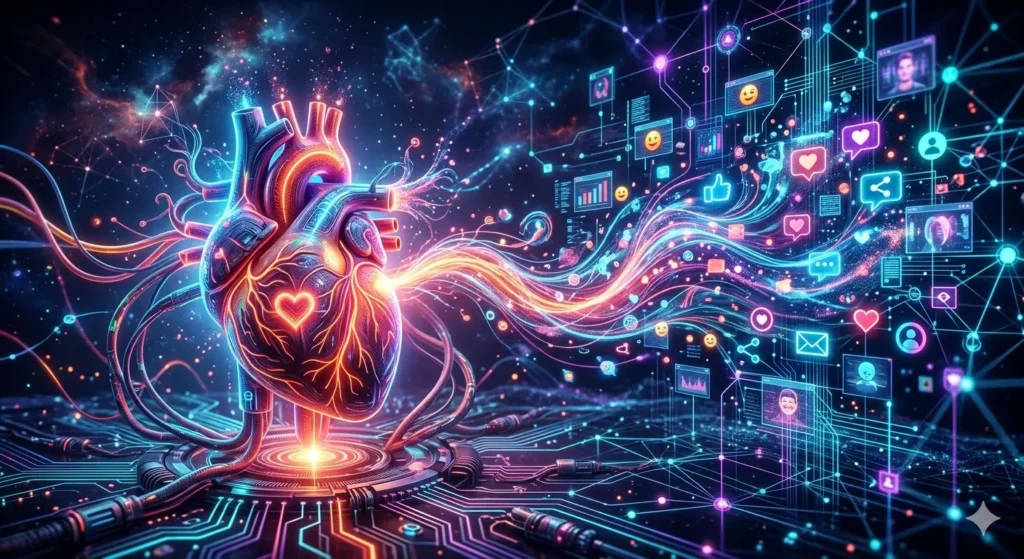 A surreal digital storytelling artwork visualizing the transformation of human emotion into data. Streams of vibrant, neon energy flow from a biomechanical human heart, connecting to a complex motherboard. This energy resolves into a glowing network of digital story icons, including hearts, thumbs-up symbols, and message bubbles. The heart is the source, and the network is the delivery platform, glowing in a dark, high-tech cyberspace