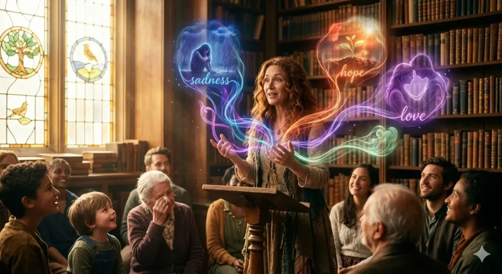 A cinematic digital storytelling concept image set in a grand, sunlit library. A captivating storyteller stands before a diverse, emotional audience. As she speaks, translucent, glowing wisps of colored smoke rise and coalesce, forming visual vignettes that spell out themes of 'Sadness' (a figure in the rain), 'Hope' (a sprouting plant), and 'Love' (a couple embracing). The entire scene visualizes the invisible connection made through powerful narrative, set against massive bookshelves.