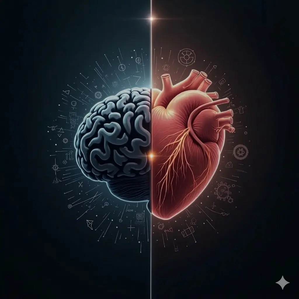 A conceptual 3D illustration exploring the duality of digital storytelling. The image shows a split-view human brain and heart. On the blue-toned left, the brain represents logic, technical data, and diagrams. On the red-toned right, the heart represents emotion, passion, and creativity. Both halves are essential components of crafting an impactful narrative, surrounded by glowing symbols and gears against a dark void.