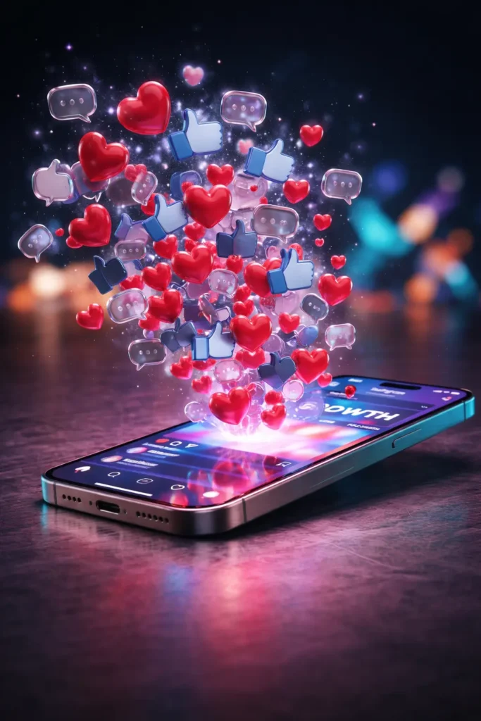 Social media engagement concept showing a smartphone with floating likes, hearts, and chat icons rising from the screen, symbolizing digital growth and audience interaction.
